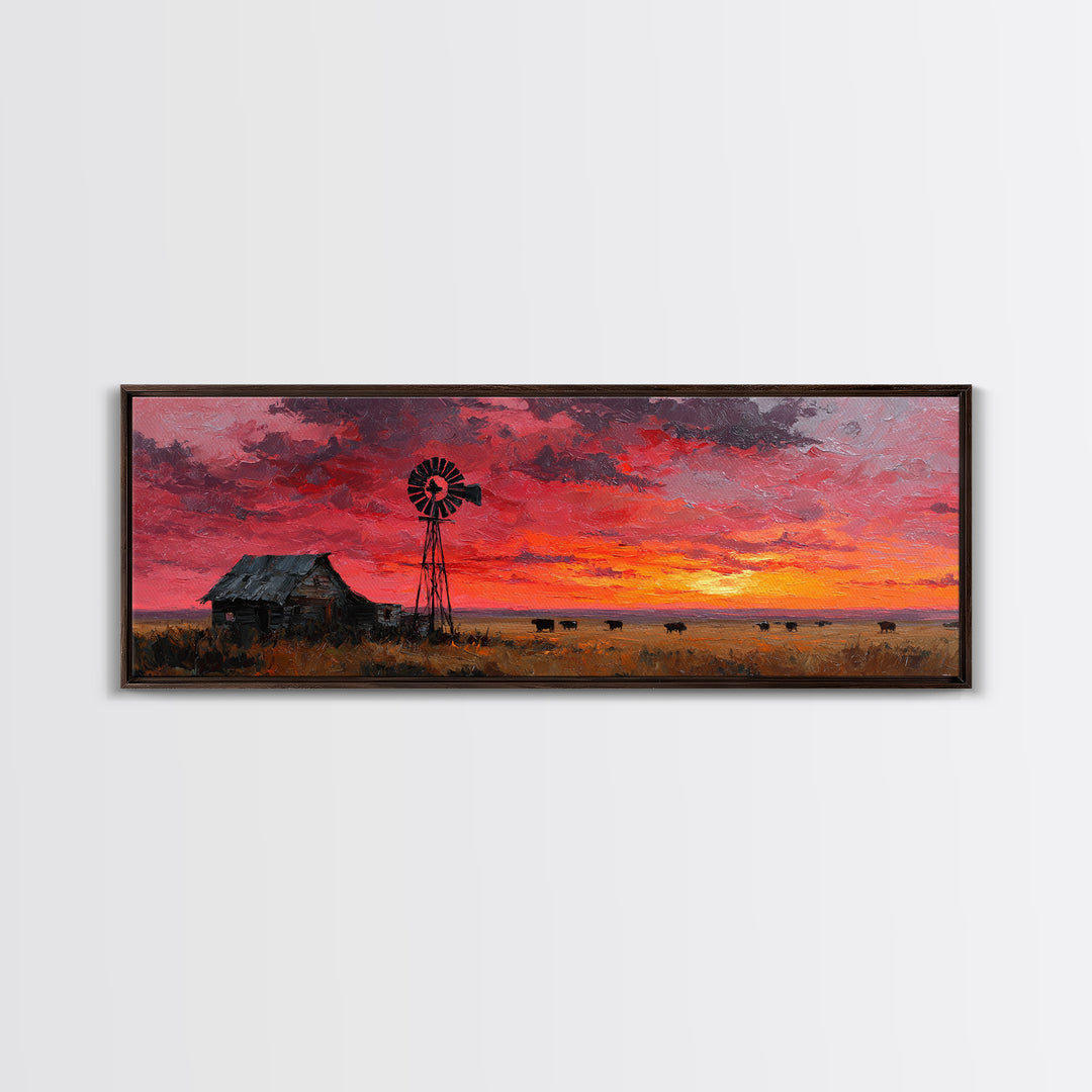 Rustic Windmill Homestead Sunset Wall Art, Western Landscape Canvas Print For Farmhouse Decor, Country Living Room Art Gift