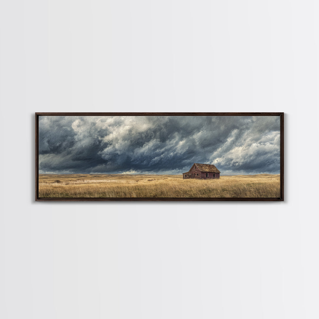 Abandoned Farmhouse Under Storm Clouds Wall Art, Moody Prairie Landscape Canvas, Rustic Country Decor For Living Room, Large Print