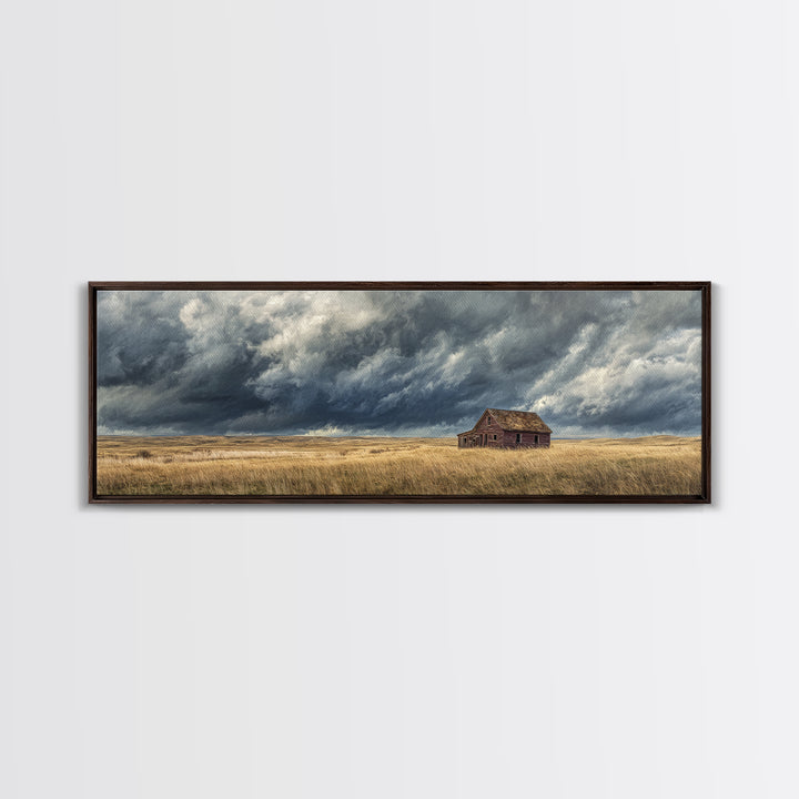 Abandoned Farmhouse Under Storm Clouds Wall Art, Moody Prairie Landscape Canvas, Rustic Country Decor For Living Room, Large Print