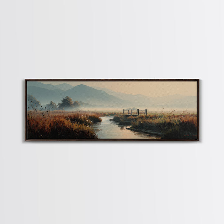 Misty Marsh Creek Canvas Print, Serene Mountain Landscape Wall Art, Neutral Nature Painting, Rustic Living Room Decor Print