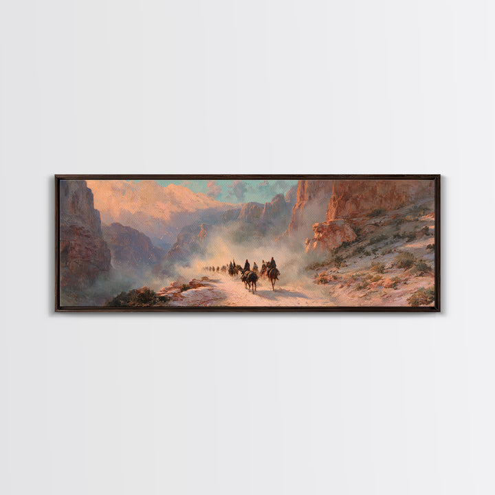 Western Riders In Sunlit Canyon Wall Art, Cowboy Landscape Painting, Southwestern Decor, Rustic Canvas Print For Living Room