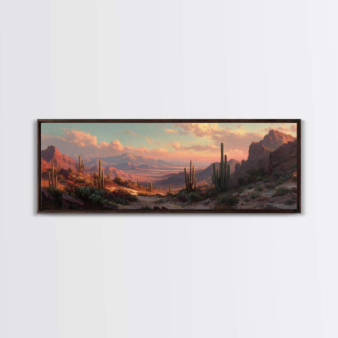 Desert Canyon Sunset With Saguaro Cactus Wall Art, Southwestern Landscape Framed Canvas Print, Rustic Home Decor For Living Room