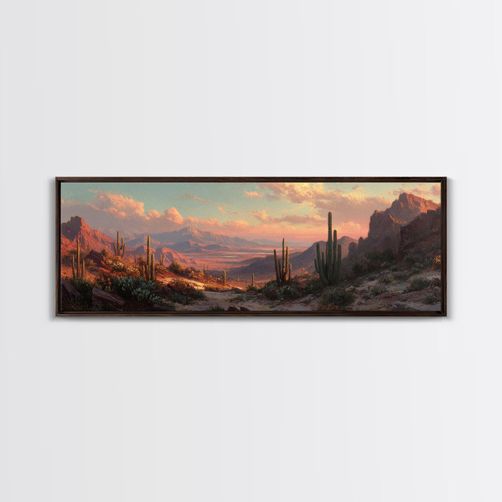 Desert Canyon Sunset With Saguaro Cactus Wall Art, Southwestern Landscape Framed Canvas Print, Rustic Home Decor For Living Room