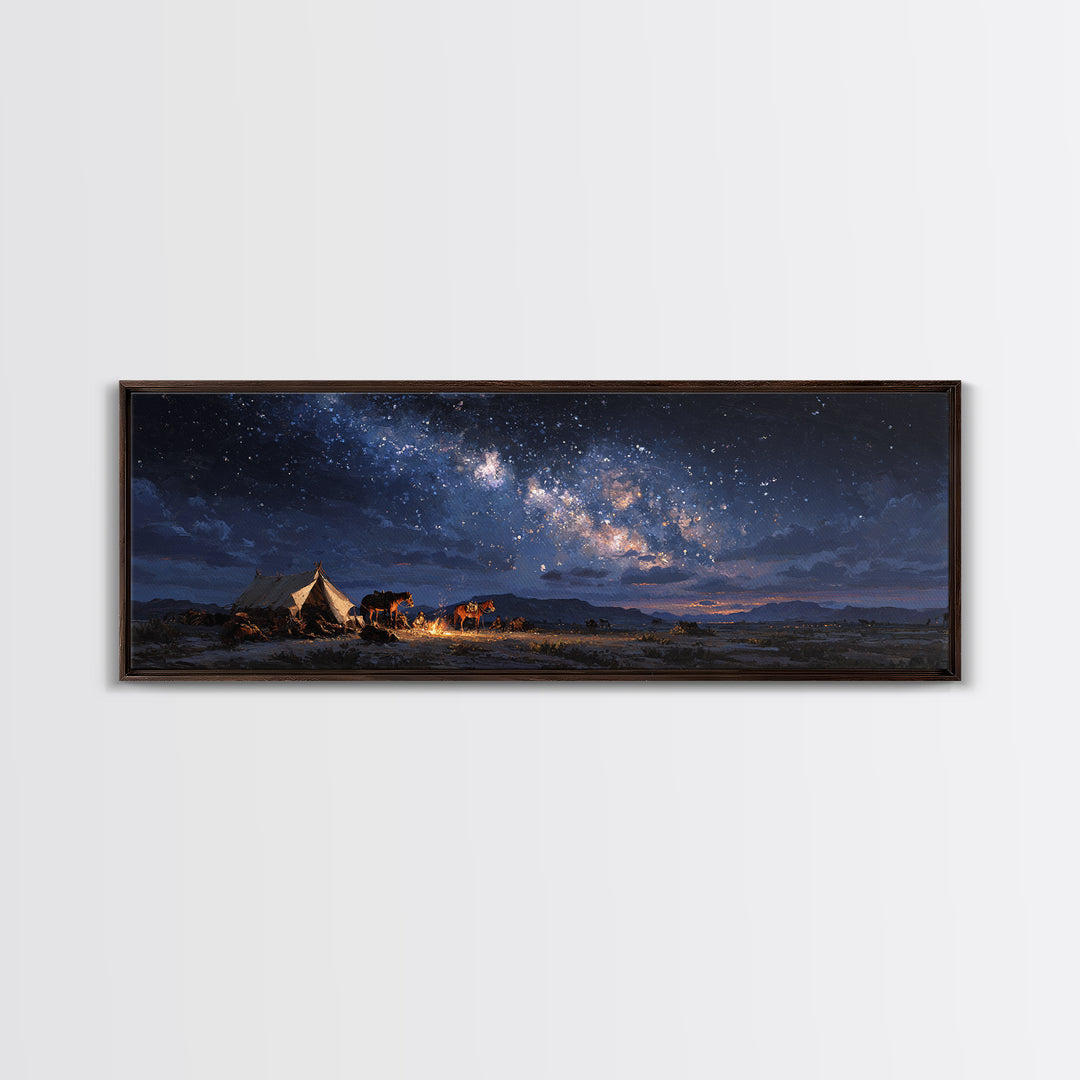 Starry Night Desert Camp With Horses Wall Art, Milky Way Western Landscape Canvas Print, Rustic Cowboy Decor For Living Room