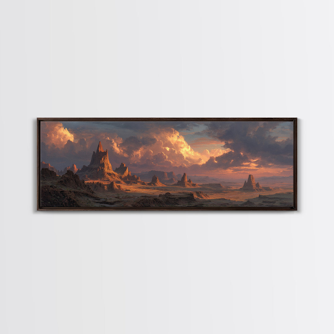 Epic Desert Spires At Sunset Canvas Print, Fantasy Landscape Wall Art For Game Room Decor, Southwestern Sci Fi Home Decor