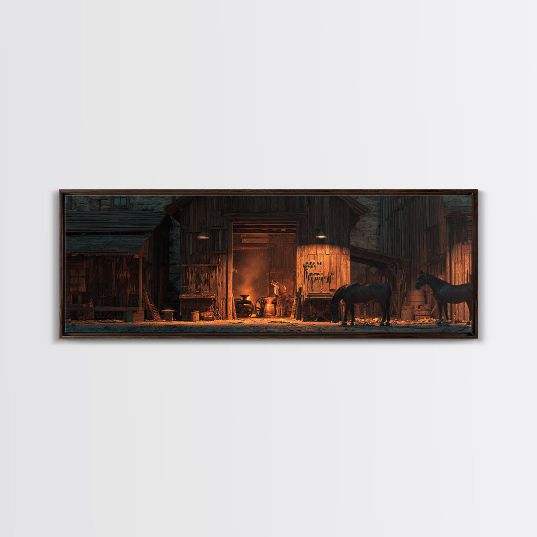 Rustic Horse Barn Wall Art, Warm Western Stable At Night, Farmhouse Ranch Decor, Cowboy Living Room Large Framed Canvas Print