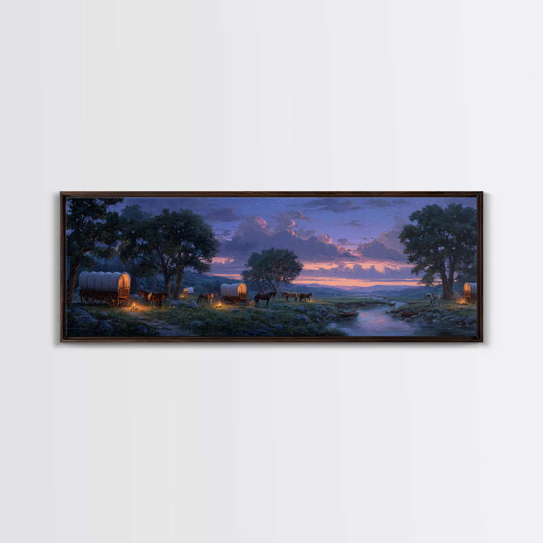 Covered Wagons At Twilight River Wall Art, Western Landscape Canvas Print, Rustic Farmhouse Decor, Cowboy Home Decor Gift