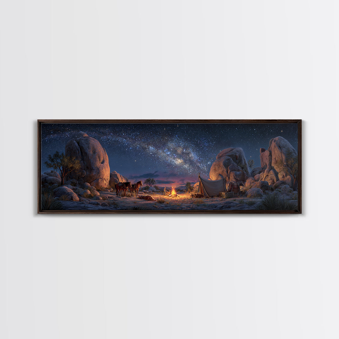 Milky Way Desert Camp With Wagon Framed Canvas Print, Western Night Sky Wall Art, Rustic Cabin Decor And Housewarming Gift For Him