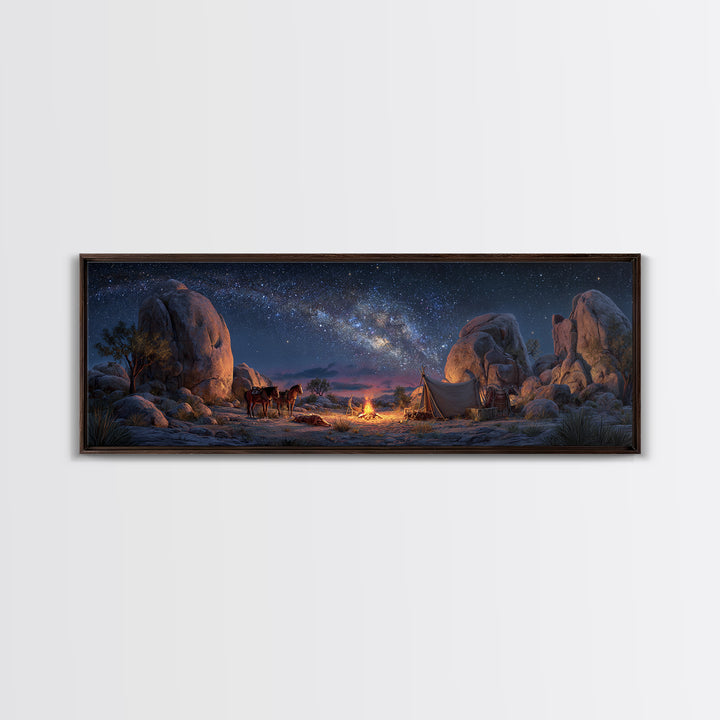 Milky Way Desert Camp With Wagon Framed Canvas Print, Western Night Sky Wall Art, Rustic Cabin Decor And Housewarming Gift For Him