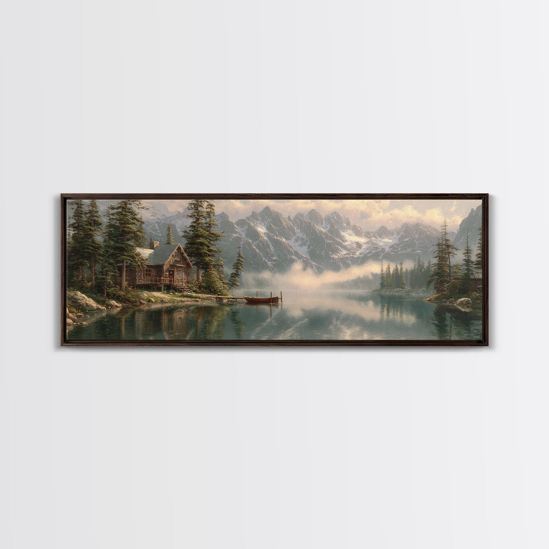 Misty Alpine Cabin Lake Wall Art, Mountain Landscape Canvas, Rustic Nature Decor, Large Horizontal Living Room Print, Housewarming Gift