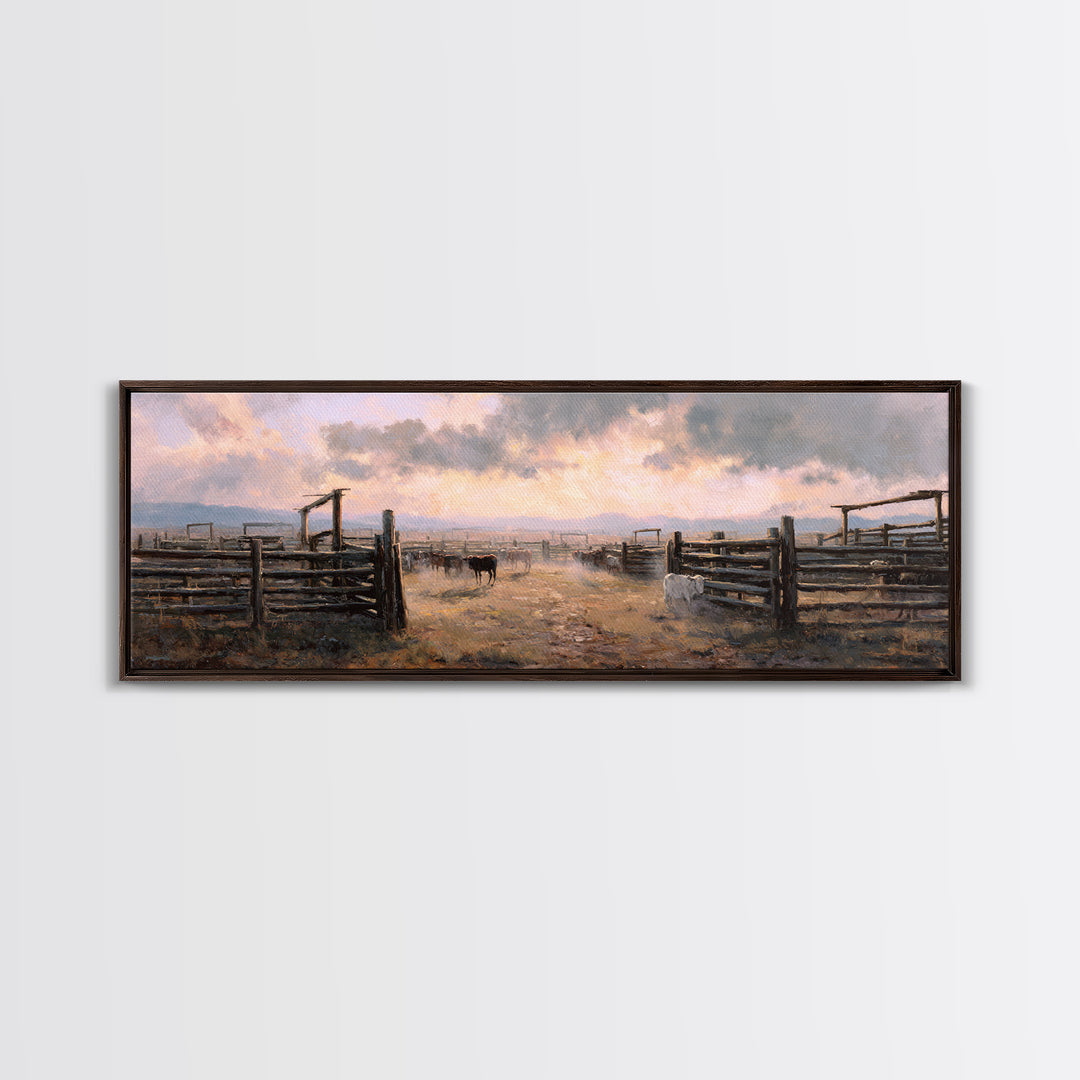 Rustic Cattle Corral At Sunset Wall Art, Western Ranch Canvas Print, Farmhouse Country Decor, Moody Landscape Gift For Him