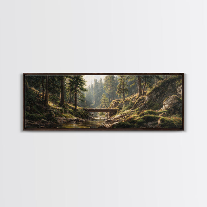 Sunlit Forest Creek Framed Canvas Print, Rustic Landscape Wall Art, Nature Cabin Decor, Large Horizontal Living Room Art
