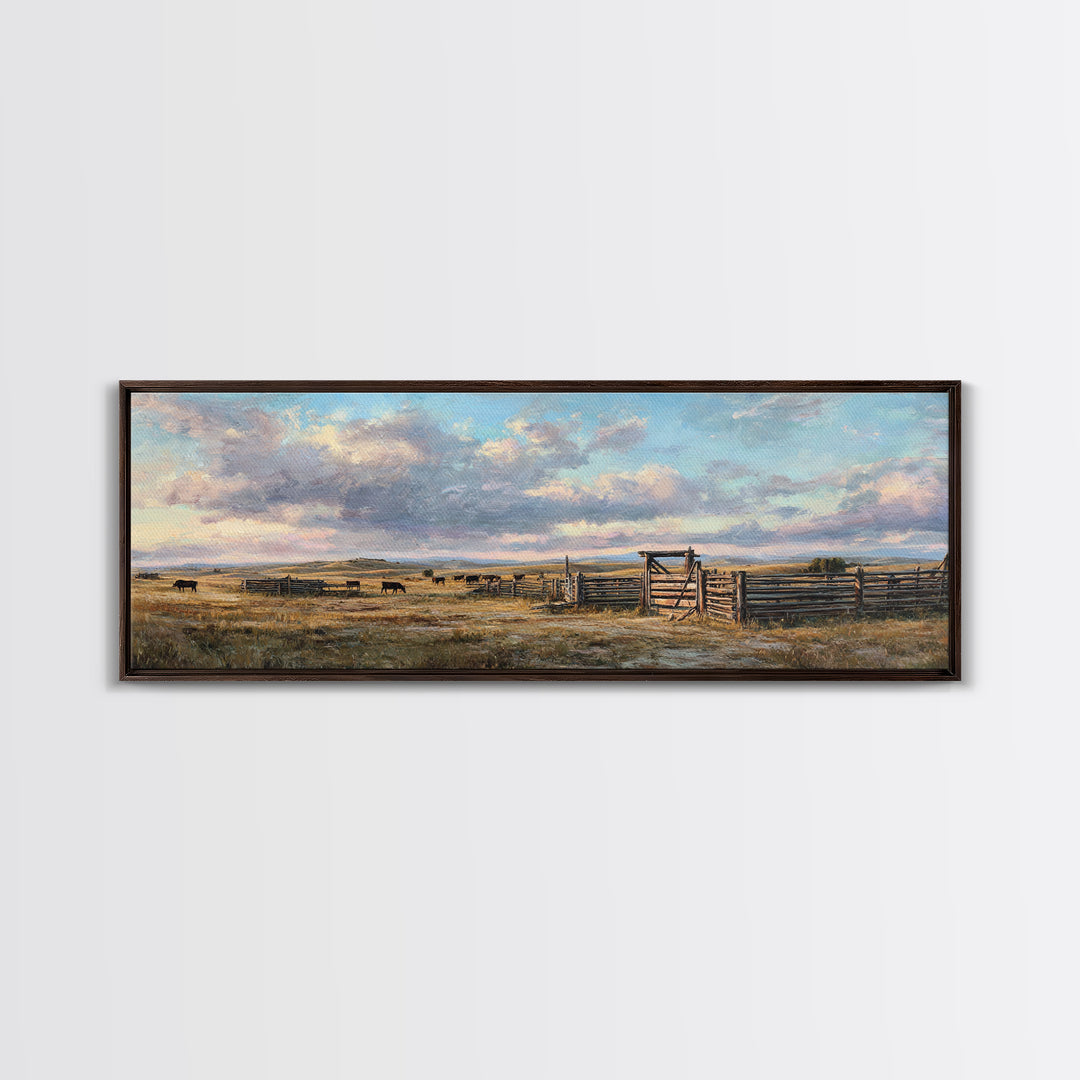 Wide Western Prairie Corral Canvas Print, Rustic Ranch Landscape Wall Art, Farmhouse Decor, Cowboy Housewarming Gift For Him