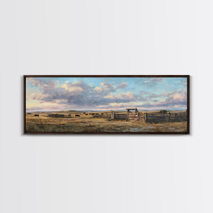 Wide Western Prairie Corral Canvas Print, Rustic Ranch Landscape Wall Art, Farmhouse Decor, Cowboy Housewarming Gift For Him