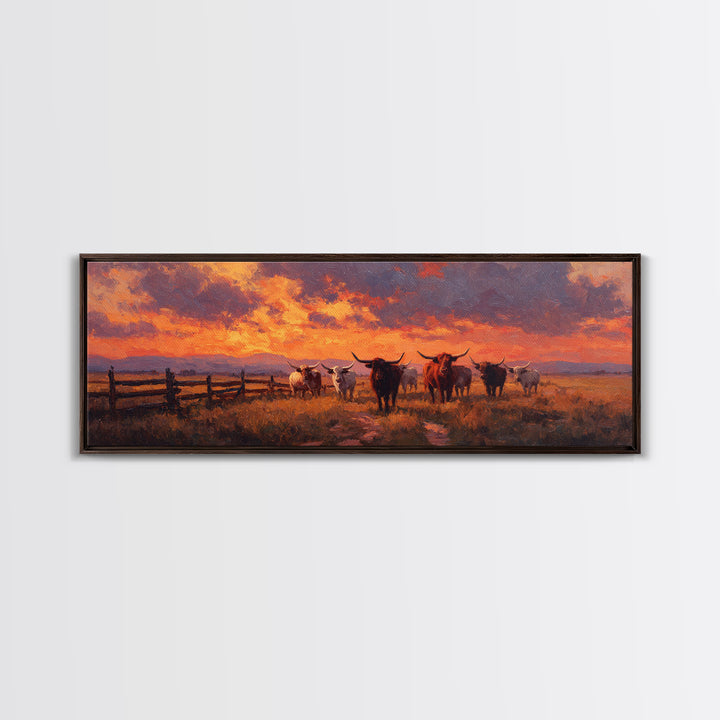 Longhorn Cattle At Fiery Sunset Wall Art, Western Ranch Landscape Canvas Print, Rustic Farmhouse Decor, Cowboy Gift For Him