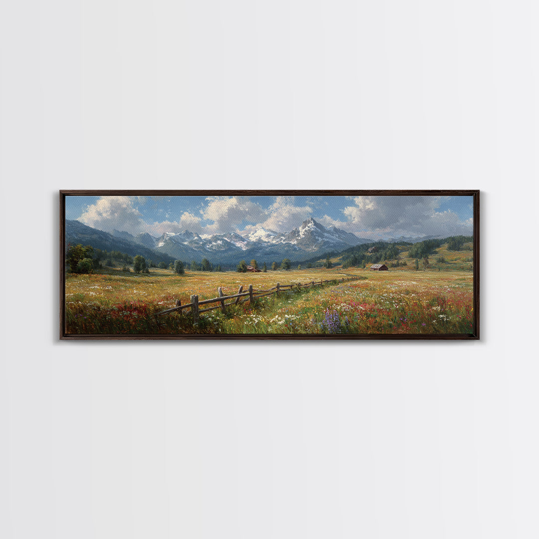 Wildflower Meadow Mountain Wall Art, Alpine Landscape Canvas Print, Rustic Farmhouse Decor, Large Living Room Art Housewarming Gift