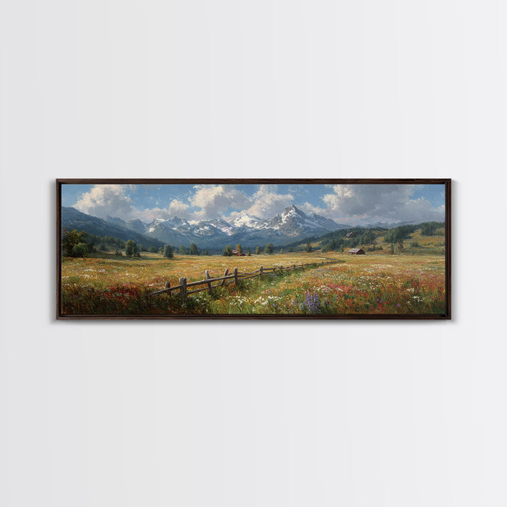 Wildflower Meadow Mountain Wall Art, Alpine Landscape Canvas Print, Rustic Farmhouse Decor, Large Living Room Art Housewarming Gift