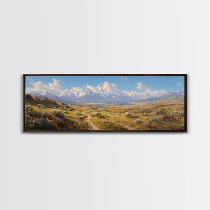 Wildflower Meadow Mountain Landscape Wall Art, Panoramic Canvas Print, Rustic Nature Decor, Large Living Room Wall Decor