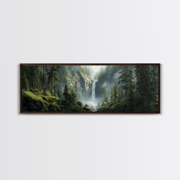 Misty Waterfall Forest Framed Canvas Print, Mountain Landscape Wall Art, Nature Wall Decor, Cabin Decor, Large Horizontal Art