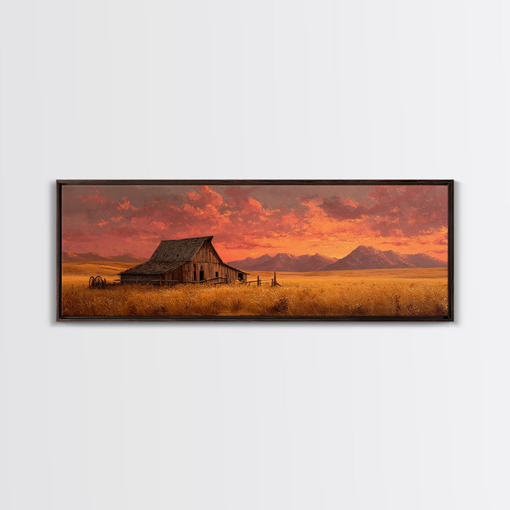 Rustic Barn At Sunset Framed Canvas Print, Western Landscape Living Room Wall Art, Farmhouse Decor, Country Home Housewarming Gift