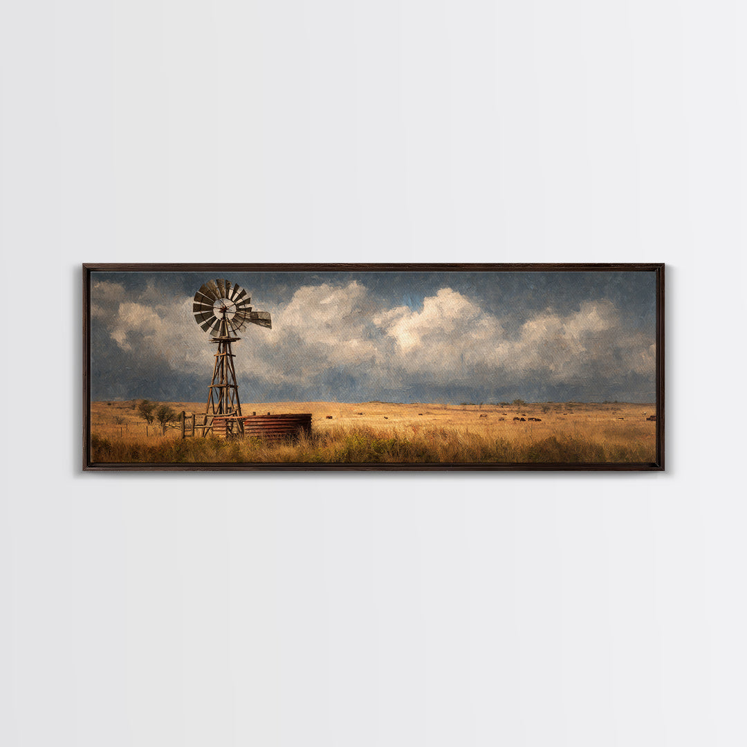 Stormy Prairie Windmill Wall Art, Rustic Western Canvas Print, Farmhouse Landscape Decor, Large Country Art For Living Room