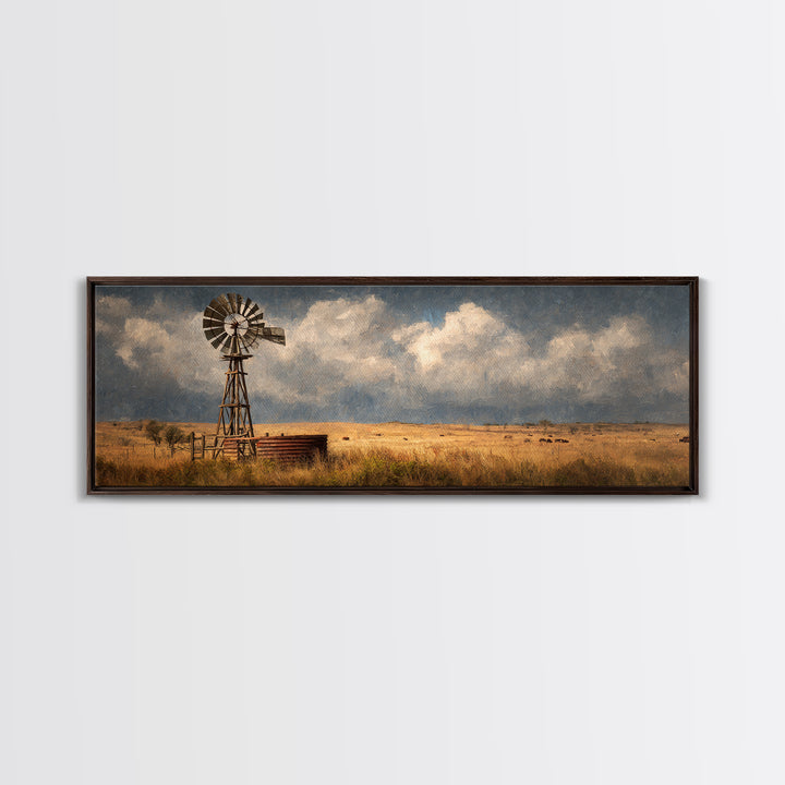 Stormy Prairie Windmill Wall Art, Rustic Western Canvas Print, Farmhouse Landscape Decor, Large Country Art For Living Room