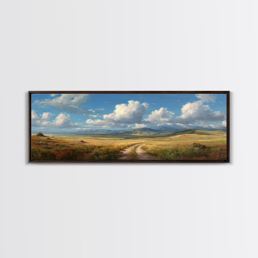 Open Prairie Path And Clouds Framed Canvas Print, Country Landscape Wall Art, Rustic Farmhouse Decor, Nature Oil Painting Print