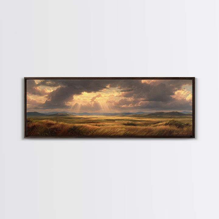 Golden Sun Rays Over Prairie Wall Art, Dramatic Sky Landscape Canvas Print, Nature Wall Decor, Rustic Living Room Art Gift