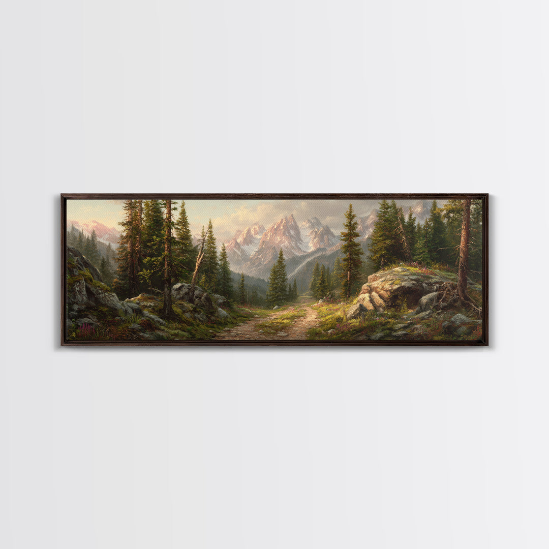 Alpine Forest Trail Mountain Landscape Wall Art, Panoramic Canvas Print For Cabin Living Room Decor And Nature Lovers Gift