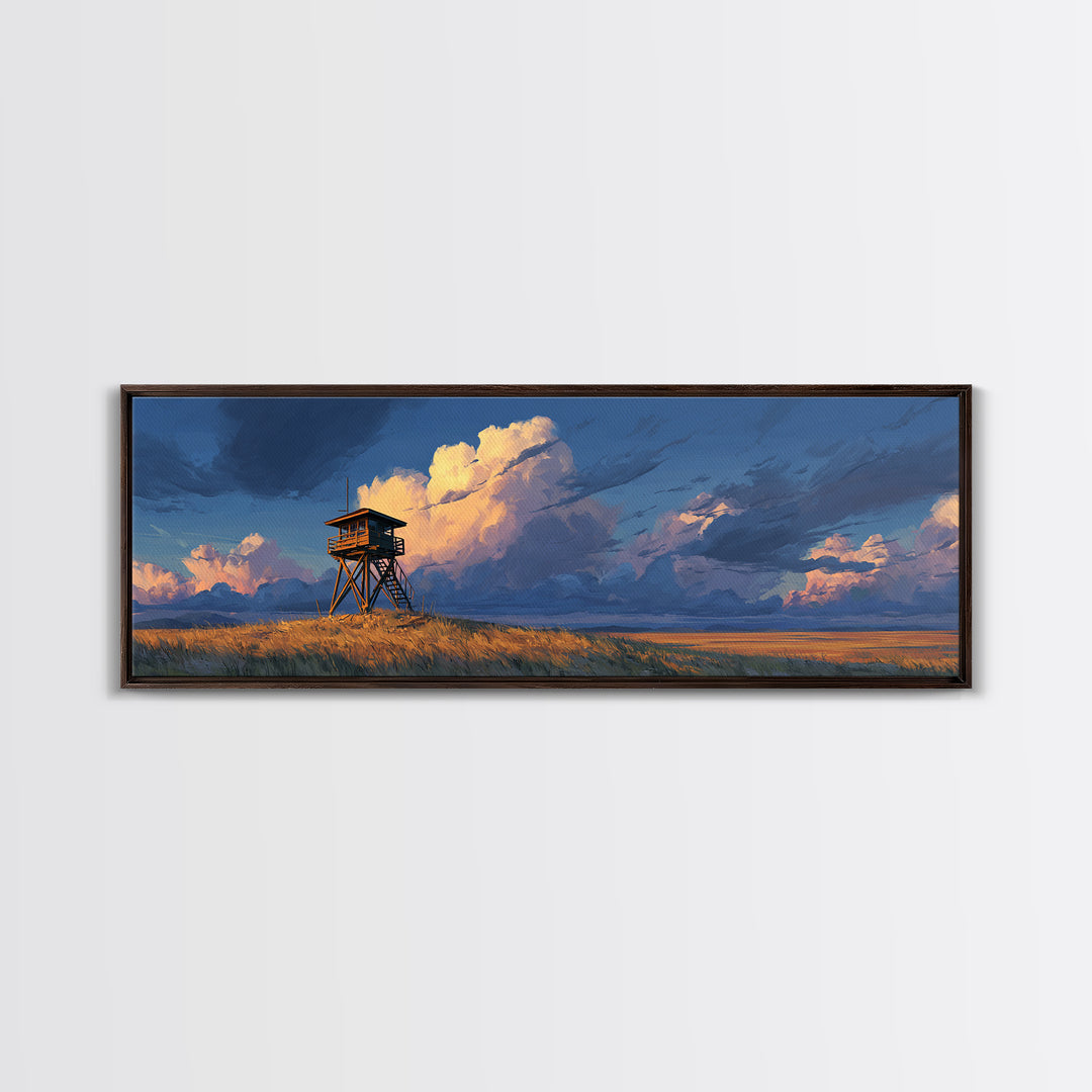 Prairie Watchtower Under Golden Clouds Wall Art, Western Landscape Canvas Print, Rustic Nature Decor, Large Horizontal Art