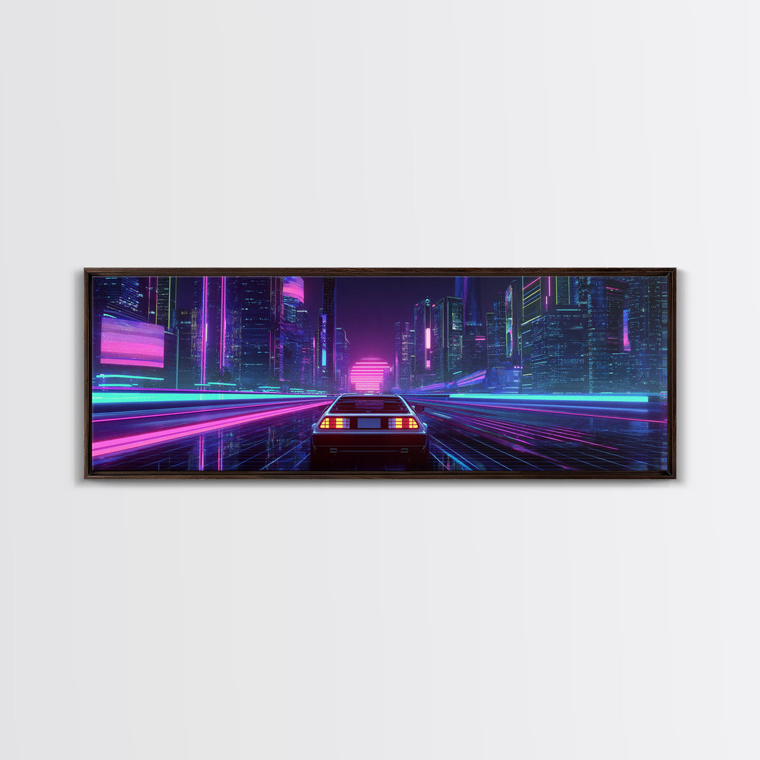 Neon Car Racing Through Cyberpunk City Canvas Print, Futuristic Wall Art, Synthwave Decor, Sci Fi Gaming Room Poster Art