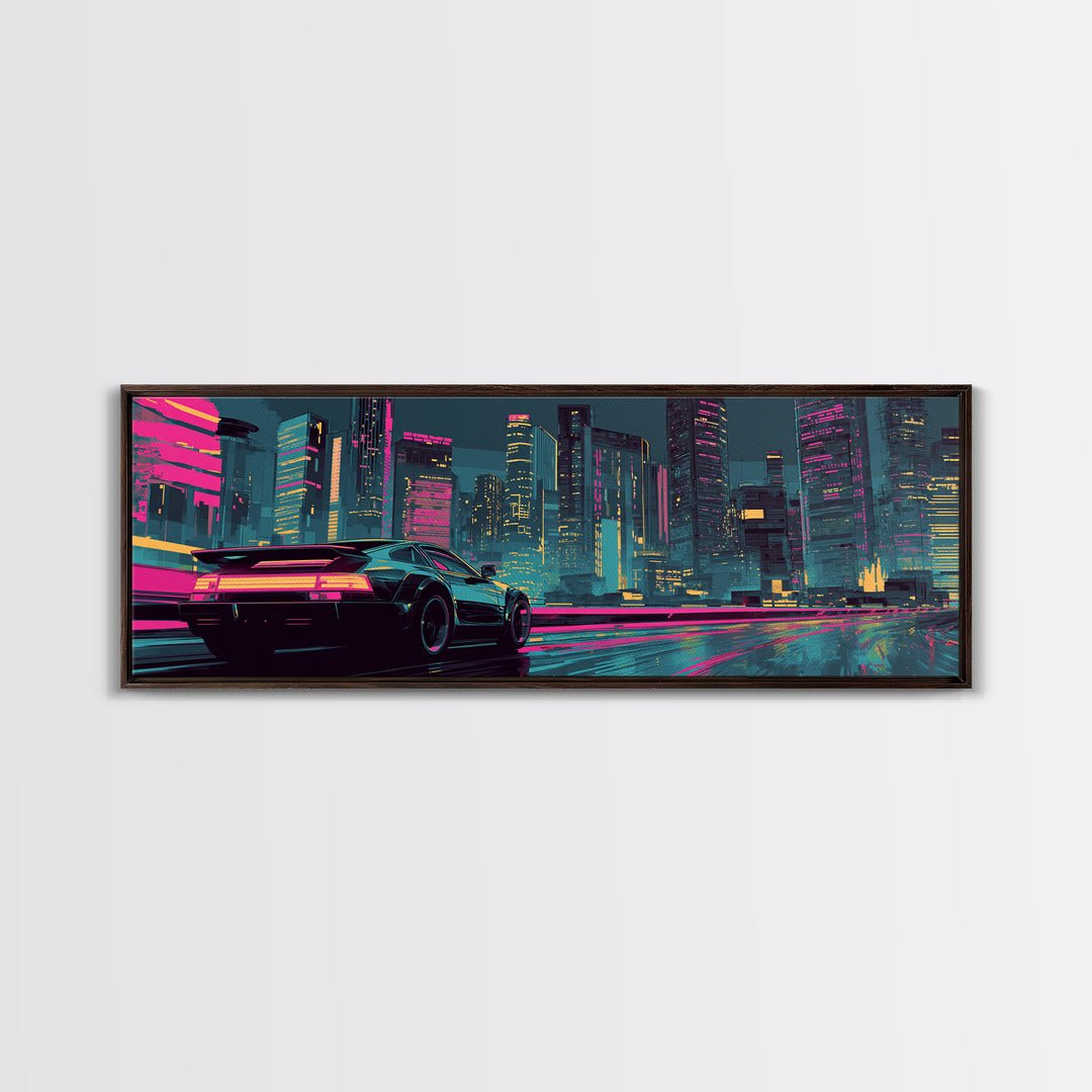 Cyberpunk Sports Car Canvas Print, Neon City Wall Art, Futuristic Gaming Room Decor, Large Synthwave Modern Wall Art Print