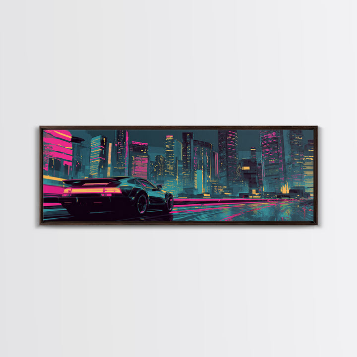 Cyberpunk Sports Car Canvas Print, Neon City Wall Art, Futuristic Gaming Room Decor, Large Synthwave Modern Wall Art Print