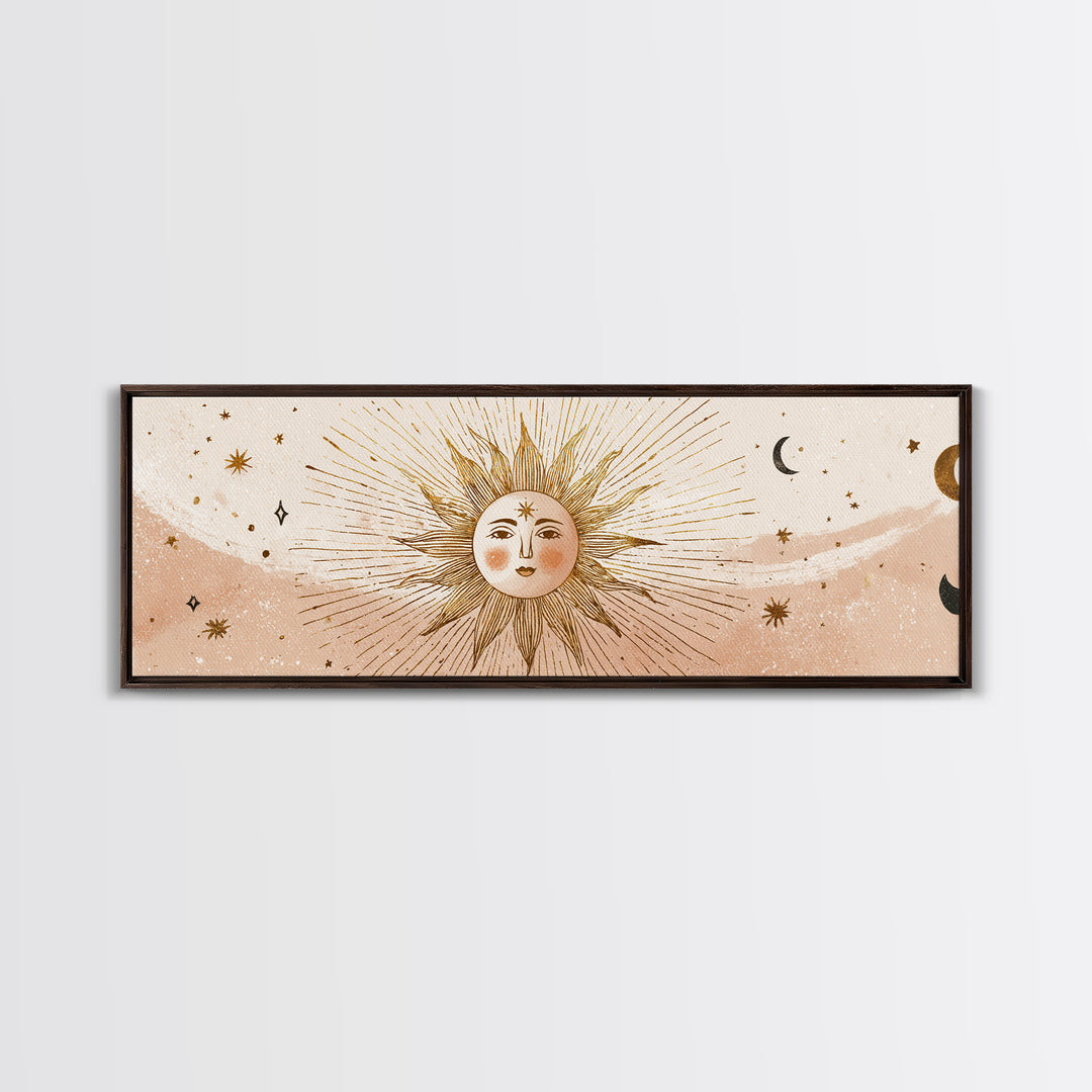 Boho Sun And Moon Wall Art, Celestial Canvas Print, Mystical Astrology Decor, Neutral Nursery And Bedroom Wall Decor, Above Bed Art