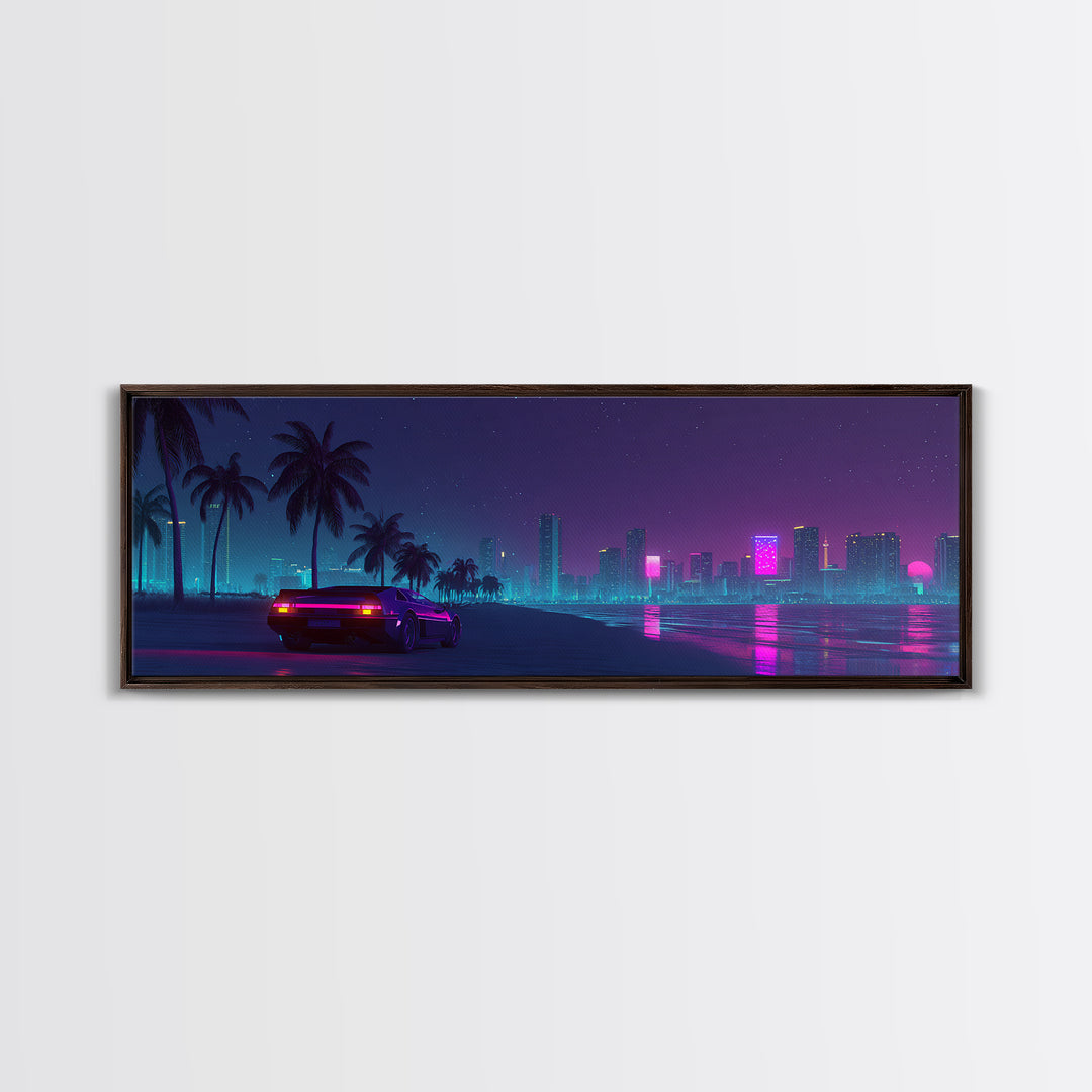 Neon Cyberpunk City Beach Wall Art, Retro Futuristic Canvas Print, Vaporwave Decor For Gaming Room And Modern Office Decor