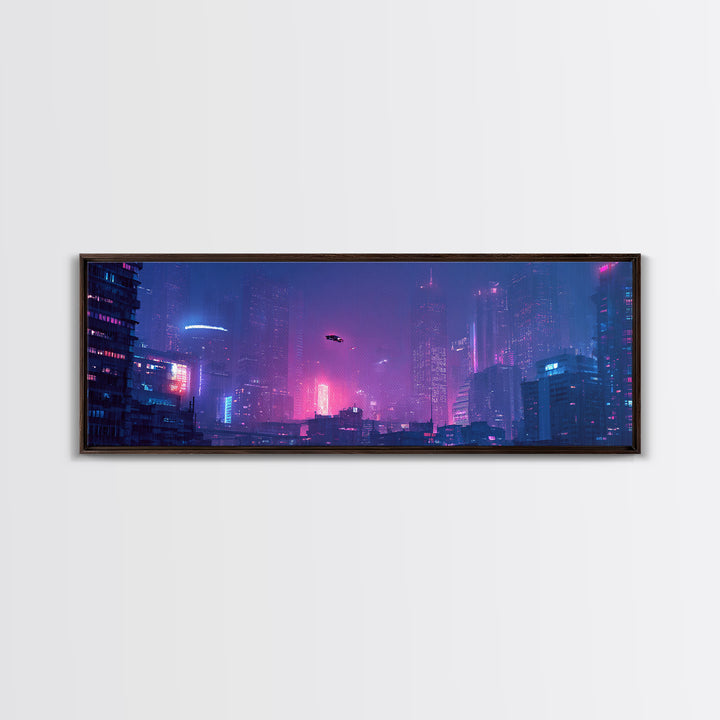 Cyberpunk Neon City Skyline Wall Art, Futuristic Framed Canvas Print, Sci Fi Urban Decor, Gaming Room Wall Decor, Large Print
