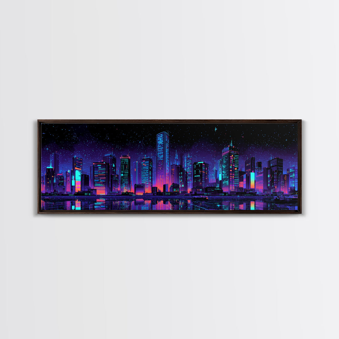 Neon Cyberpunk City Skyline Wall Art, Futuristic Urban Canvas Print, Vaporwave Gaming Room Decor, Sci Fi Office Poster Art