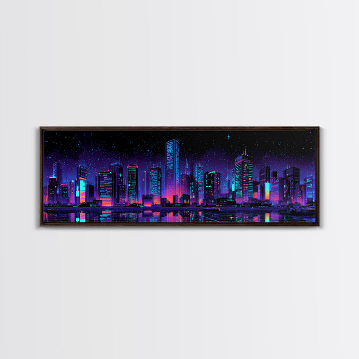 Neon Cyberpunk City Skyline Wall Art, Futuristic Urban Canvas Print, Vaporwave Gaming Room Decor, Sci Fi Office Poster Art