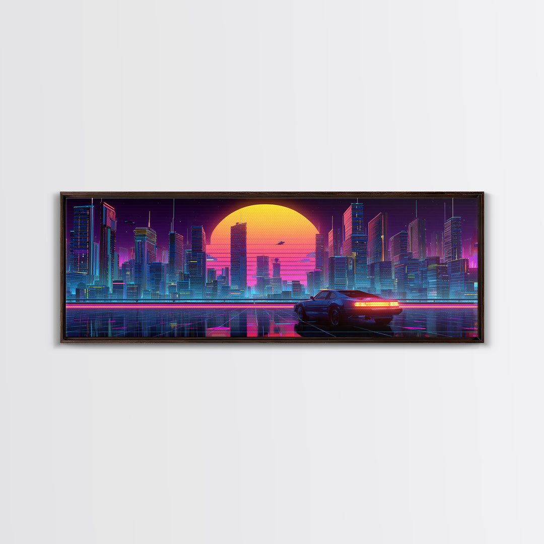 Neon Cyberpunk City Car Canvas Print, Futuristic Wall Art, Sci Fi Poster, Gaming Room Decor, Vaporwave Modern Home Decor