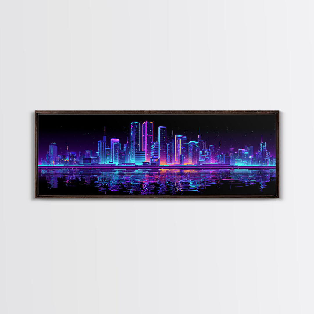 Neon Cyberpunk City Skyline Wall Art, Futuristic Synthwave Canvas Print, Urban Night Office Decor, Gamer Room Home Decor Poster