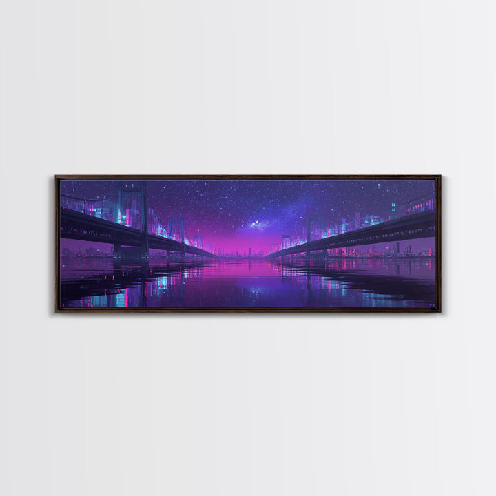 Neon Twin Bridges Over City Water, Cyberpunk Wall Art, Futuristic Canvas Print, Sci Fi Urban Decor, Gaming Room Art, Office Decor