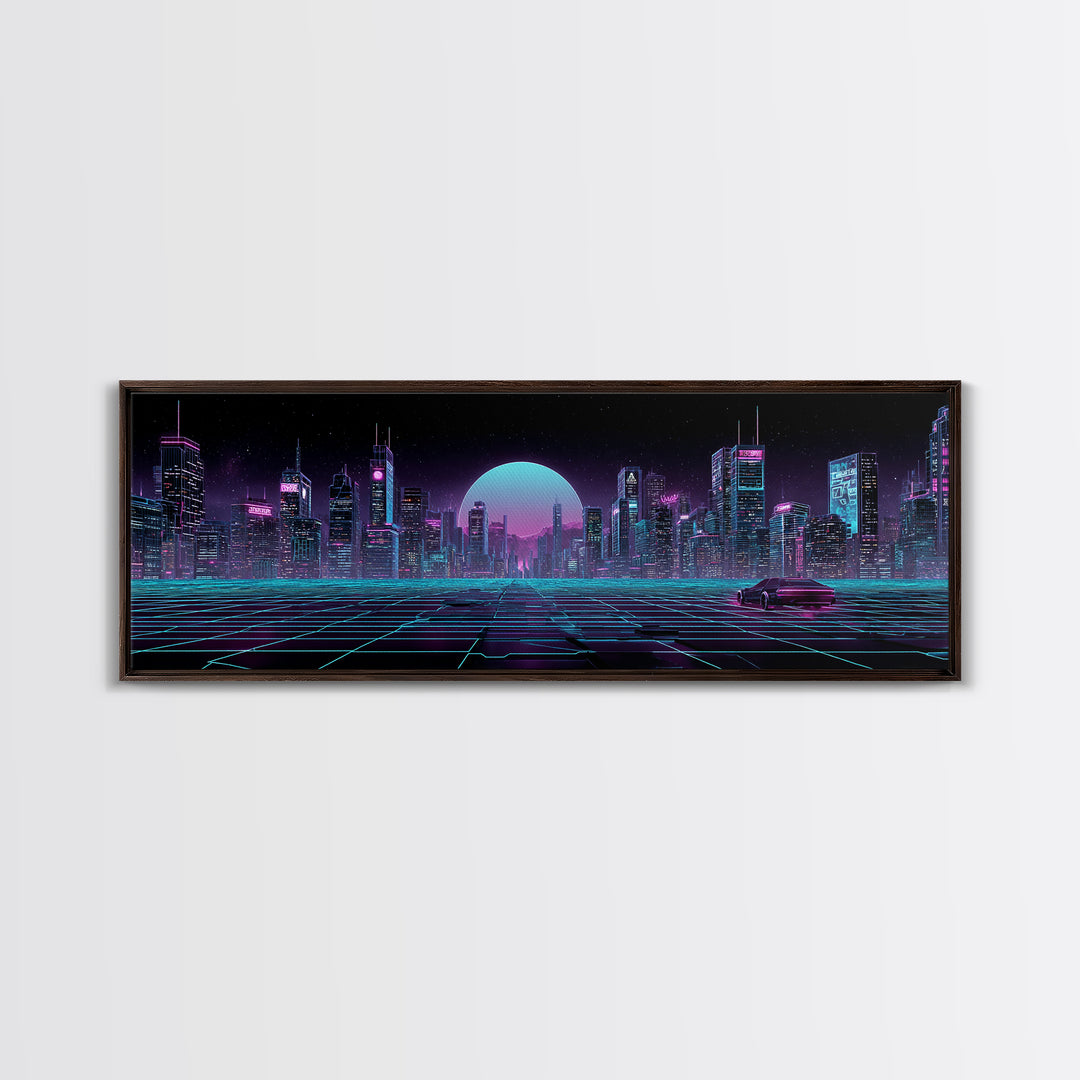 Futuristic Neon Skyline And Grid Highway, Cyberpunk Wall Art, Synthwave Canvas Print, Gaming Room Decor, Office Wall Decor