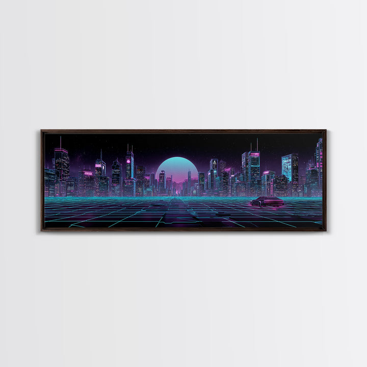 Futuristic Neon Skyline And Grid Highway, Cyberpunk Wall Art, Synthwave Canvas Print, Gaming Room Decor, Office Wall Decor