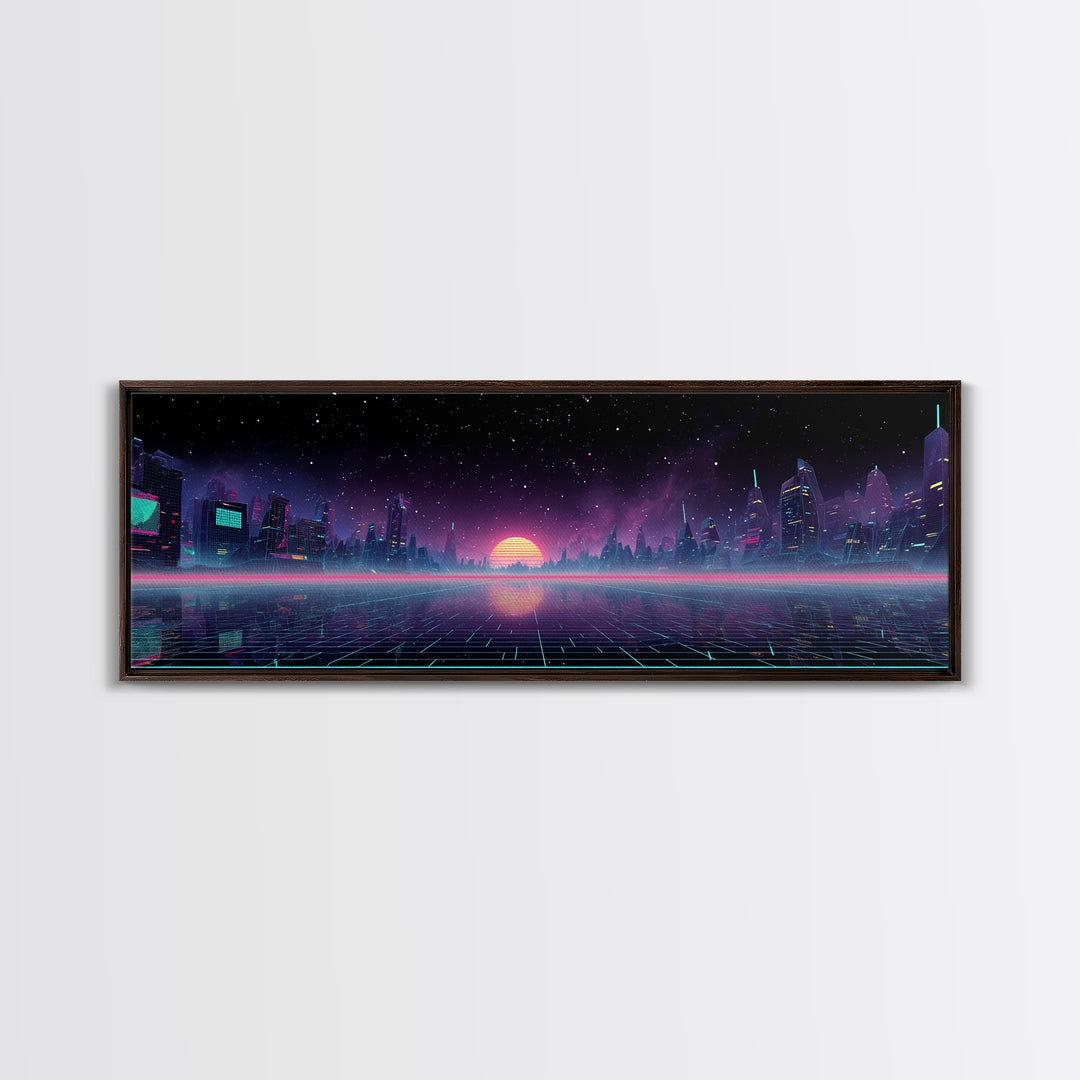 Futuristic Neon City Skyline Wall Art, Cyberpunk Grid Landscape, Sci Fi Poster, Vaporwave Decor, Gaming Room Canvas Print