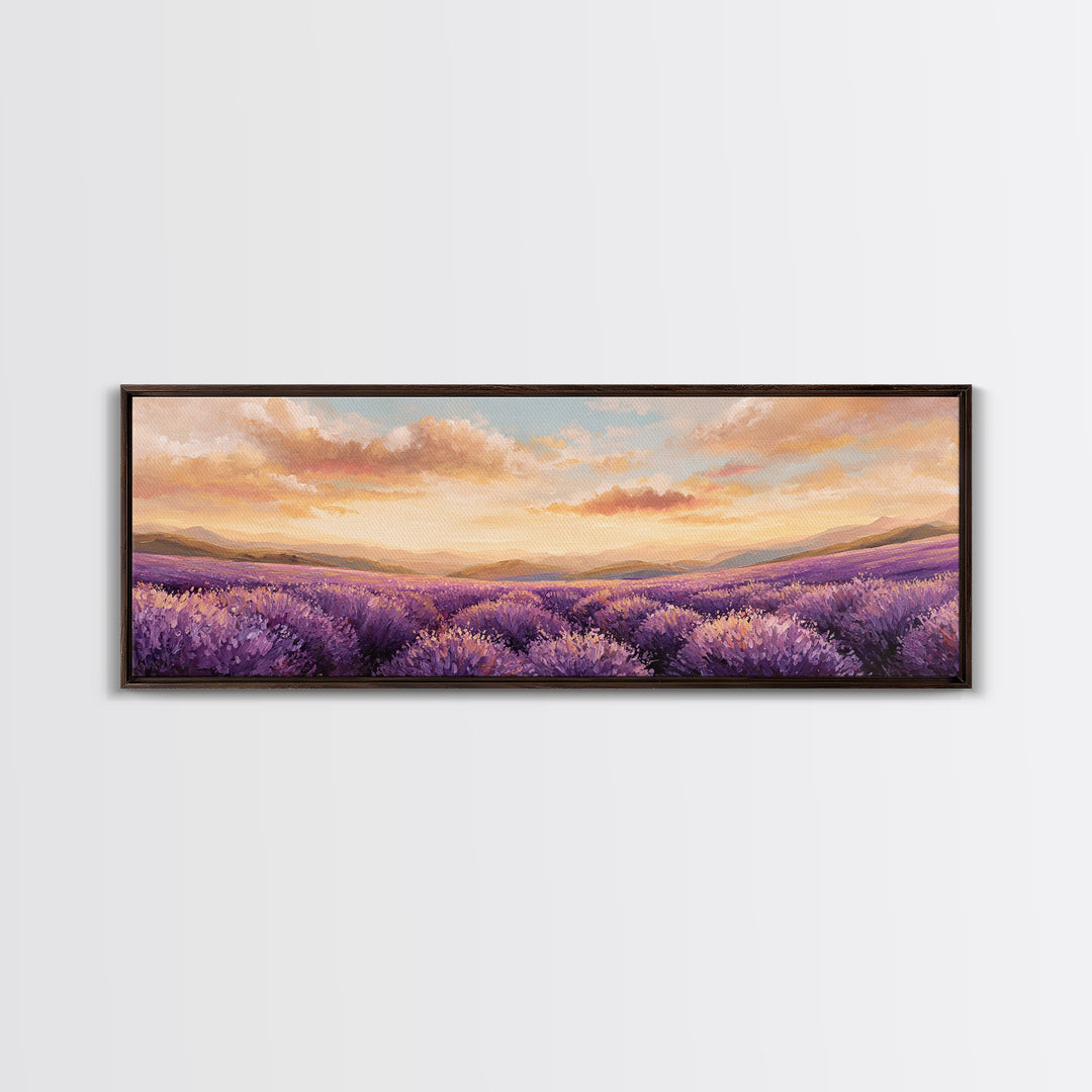 Sunset Lavender Field Landscape Wall Art, Panoramic Canvas Print, French Country Decor, Large Above Sofa Wall Decor, Provence Print