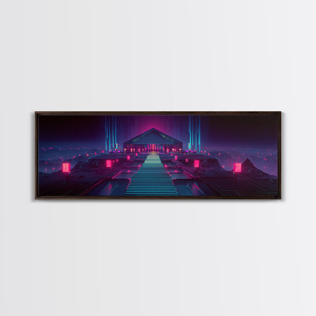 Neon Cyberpunk Temple Stairway Canvas Print, Futuristic Wall Art, Sci Fi Gaming Room Decor, Modern Statement Artwork For Office