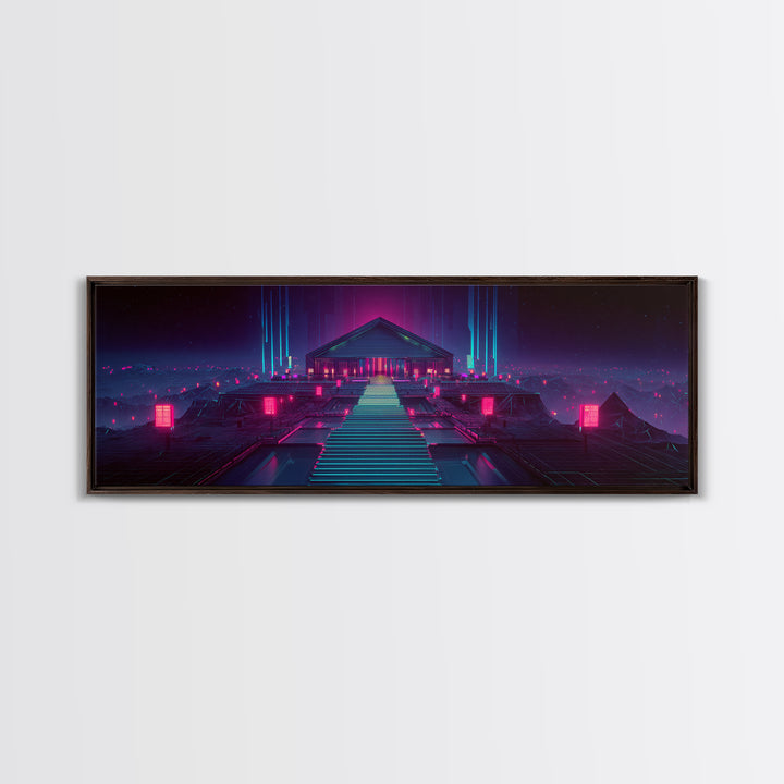Neon Cyberpunk Temple Stairway Canvas Print, Futuristic Wall Art, Sci Fi Gaming Room Decor, Modern Statement Artwork For Office