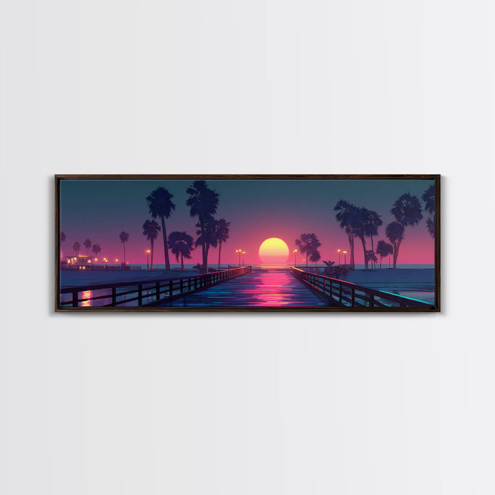 Sunset Pier With Palm Trees Canvas Print, Tropical Beach Wall Art, Coastal Vaporwave Decor For Bedroom And Living Room Wall Decor