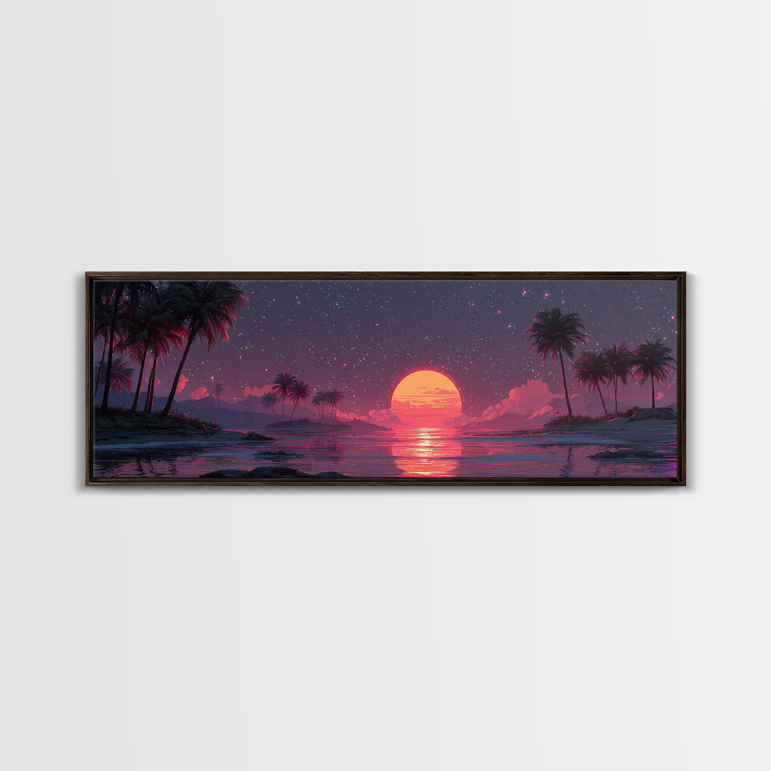 Starry Tropical Lagoon With Giant Pink Moon Wall Art, Celestial Coastal Beach Decor, Palm Island, Night Sky Canvas Print