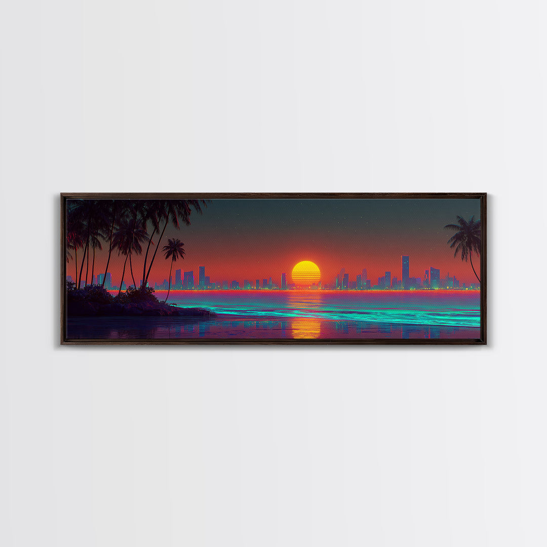 Retro Neon Coastal City Skyline Wall Art, Palm Beach Sunset, Synthwave Ocean Decor, Modern Living Room Canvas Print, Large Horizontal Art